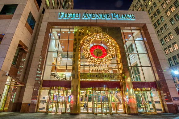 The front of Fifth Avenue Place at Christmas in Pittsburgh