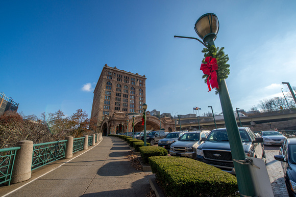 Holiday decorations around the Pennsylvanian in Pittsburgh