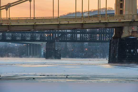 Steam on the ice on the Allegheny River in Pittsburgh