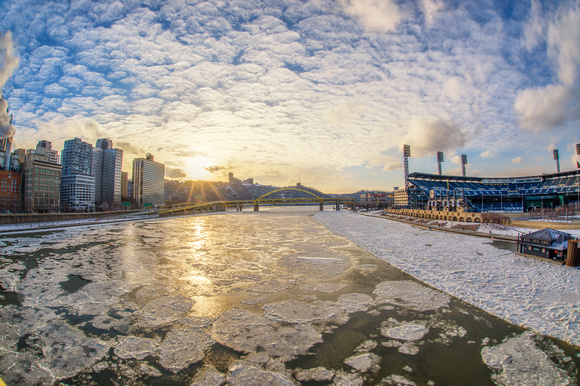 Icy chunks on the Allegheny River in PIttsburgh from the Roberto Clemente Bridge