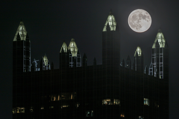 Moon in the spires of PPG Place in Pittsburgh