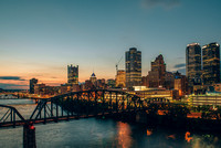 Pittsburgh skyline at dusk from the Liberty Bridge