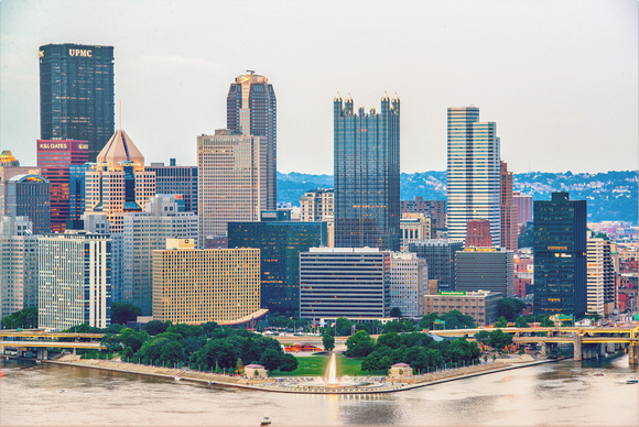 A straight on view of Pittsburgh from the West End Overlook HDR
