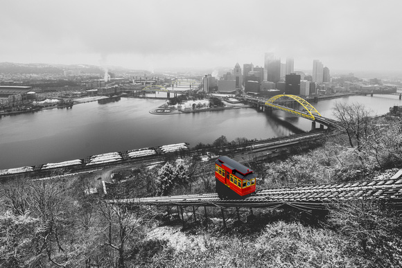 Selective Color of the Duquesne Incline in the snow in Pittsburgh