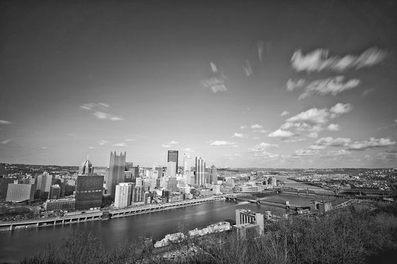 Clouds over the Pittsburgh skyline from Mt. Washington B&W