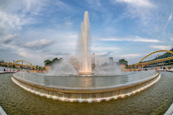 Fisheye view of the fountain at Point State Park in Pittsburgh on a beautiful day