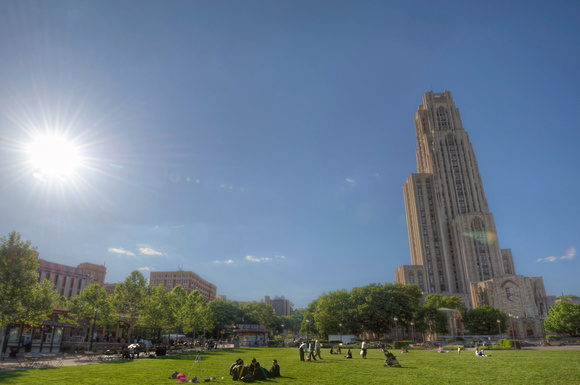 Sunflare and the lawn in front of the Cathedral of Learning HDR