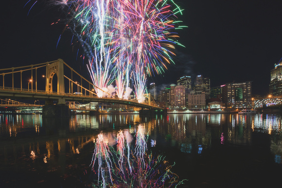 Reflections of the Light Up Night fireworks in Pittsburgh
