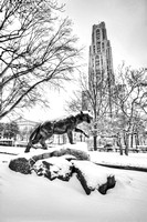 Panther statue and Cathedral of Learning in B&W