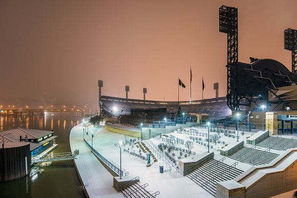 PNC Park on a snowy morning in Pittsburgh