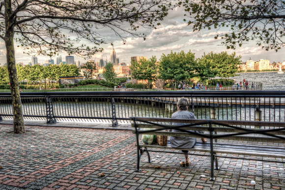 Lady on bench in Hoboken HDR