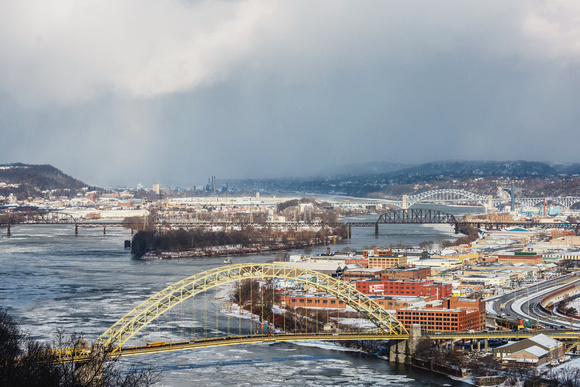 Looking down the Ohio River at a snow squall approaching Pittsburgh