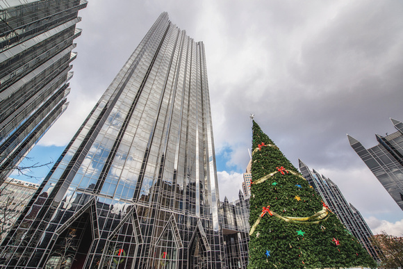 Looking up towards the Christmas tree and PPG Place in Pittsburgh
