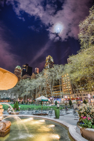 Spotlights in New York City as seen from Bryant Park