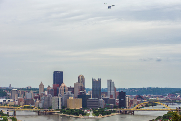 The Blue Angels flying high over the Pittsburgh skyline