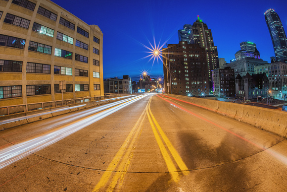 Light trails in downtown Pittsburgh at night