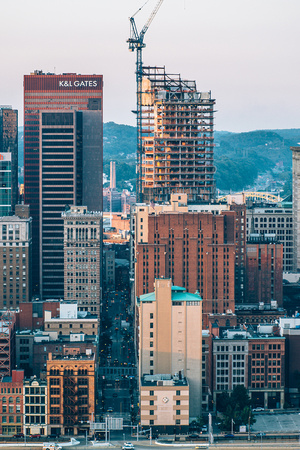 Looking through downtown Pittsburgh at dusk