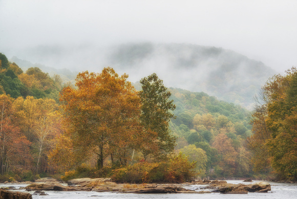 Fog over the trees in autumn on the Youghiogheny River at Ohiopyle State Park HDR