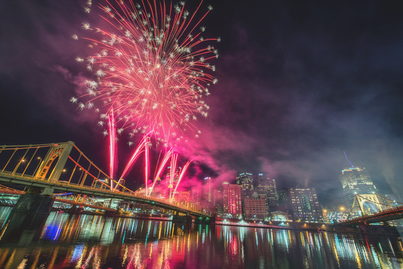 Red fireworks over Pittsburgh for Light Up Night