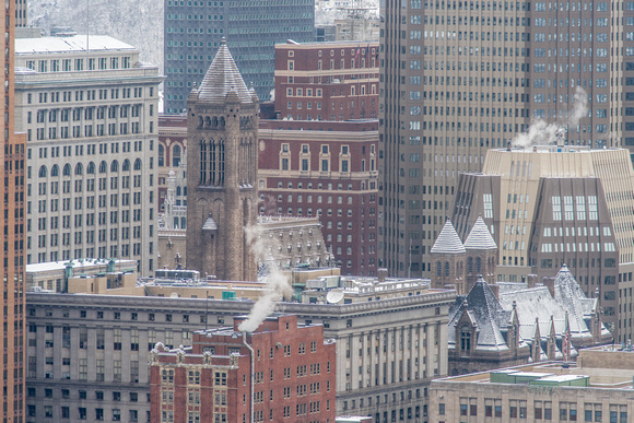 Snow on the spires of the Allegheny County Courthouse in Pittsburgh