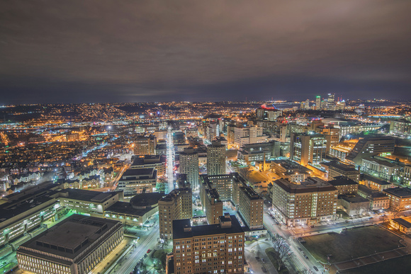 Pittsburgh skyline and Oakland from the Cathedral of Learning at night