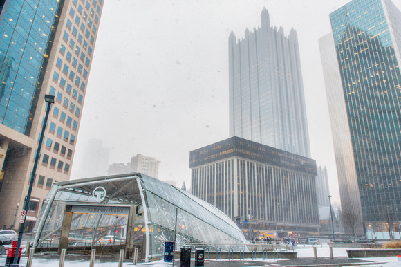 Outside the trolley station in downtown Pittsburgh during a snow storm