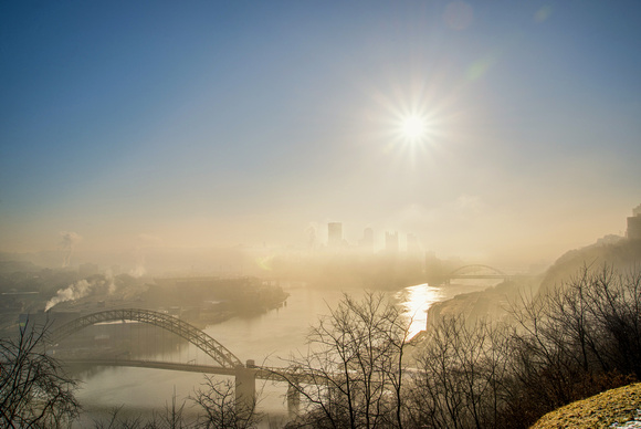 A foggy Pittsburgh skyline from the West End Overlook HDR
