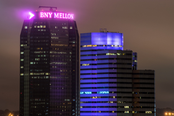 The BNY Mellon Building glows in honor of Breast Cancer Awareness