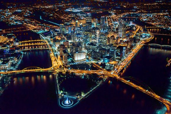 Aerial view of downtown Pittsburgh at night