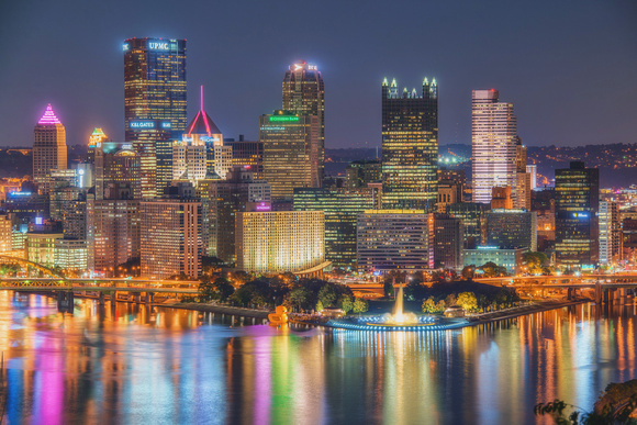 Colorful Pittsburgh skyline at night from the West End Overlook HDR