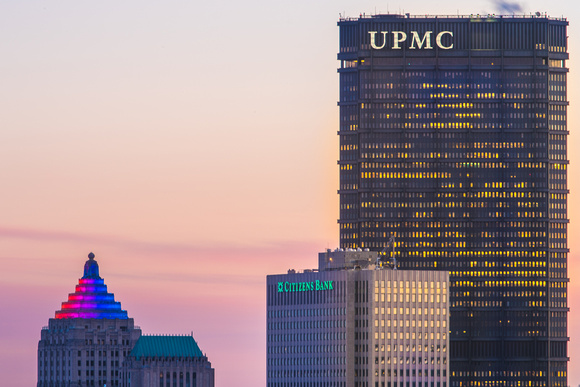 Buildings glow in downtown Pittsburgh at dawn