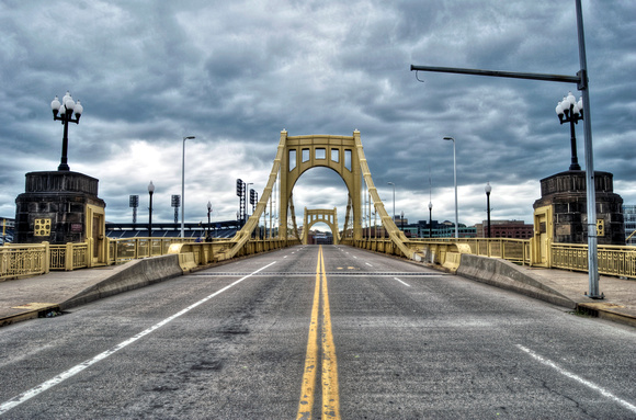 A cloudy day on the Clemente Bridge in downtown Pittsburgh HDR