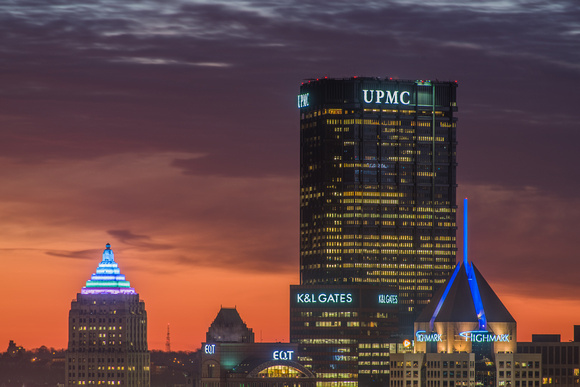 The Steel Building in downtown Pittsburgh glows at sunrise