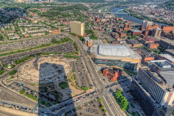 A shadow is cast over the demolition of the Civic Arena from the Steel Building HDR