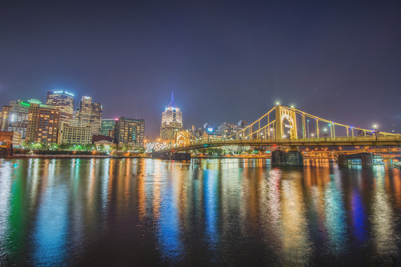 The Roberto Clemente Bridge shines on the North Shore of Pittsburgh