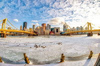 Fisheye view of the Pittsburgh skyline on a cold winter day from the North Shore