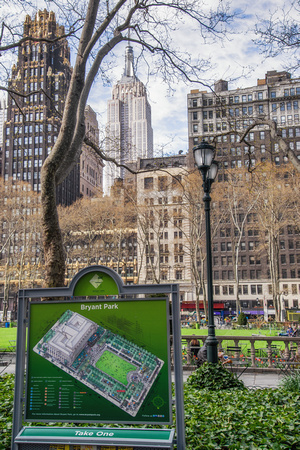 The Empire State Building is seen from Bryant Park
