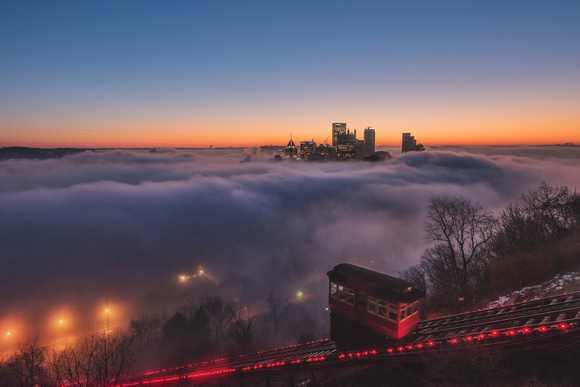 Incline on Mt. Washington over a fog covered Pittsburgh