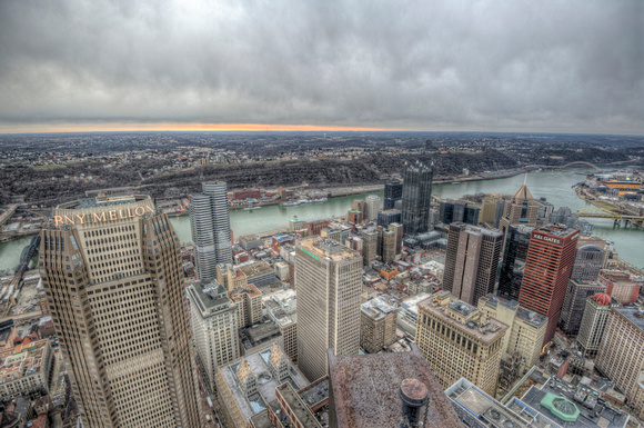 Downtown Pittsburgh on a gloomy day from the roof of the Steel Building HDR