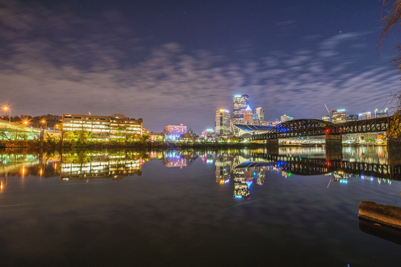 Wide angle view along the Allegheny River in Pittsburgh