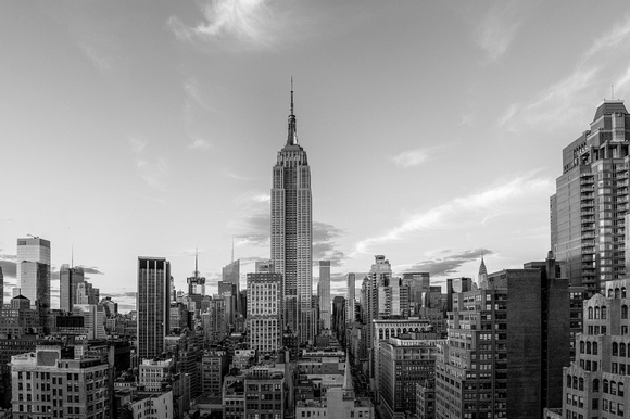 A black and white view of downtown Manhattan