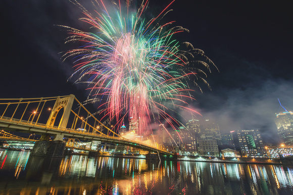 Close view of the fireworks over Pittsburgh for Light Up Night