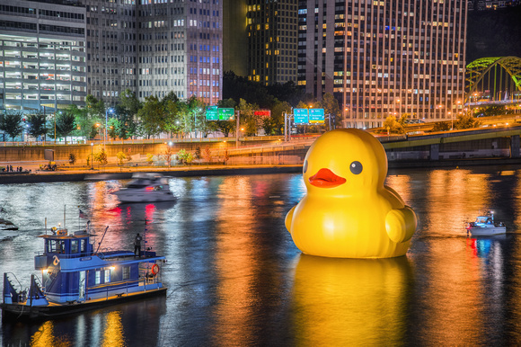 A close up view of the Giant Rubber Duck in Pittsburgh on the river