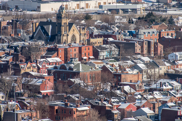 Snow covered rooftops on the North Side of Pittsburgh