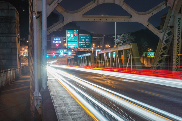 Light trails on the West End Bridge in Pittsburgh
