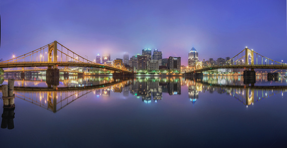 Panorama of Pittsburgh on a foggy morning from the North Shore