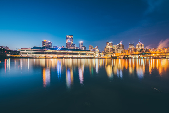 The Convention Center and Pittsburgh skyline shine from the North Shore