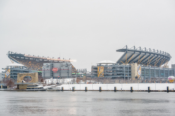 Heinz Field from across the Allegheny River in a snow storm in Pittsburgh