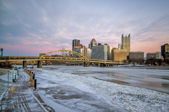 Ice rushes down the Allegheny River in this long exposure of Pittsburgh