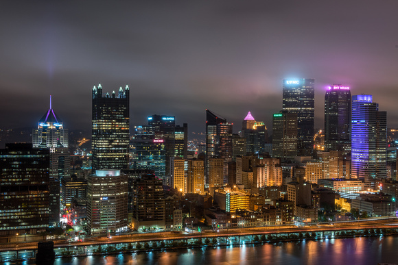 A foggy night in downtown Pittsburgh